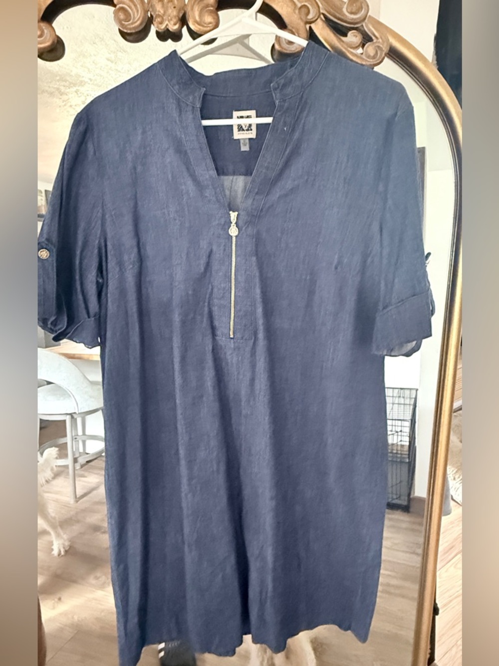 Anne Klein Navy Short Sleeve Linen-Blend Tunic with Zip Placket